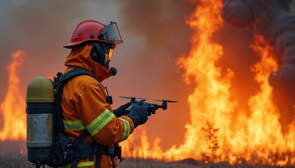Fototapeta premium Firefighter controls drone near blaze. Modern firefighting tech, emergency response strategy. Drone surveillance, fire management, rescue operation. Fire, flames in background. Emergency response