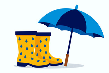 Yellow Rain Boots with Blue Raindrops and a Blue Umbrella Illustration for Rainy Weather