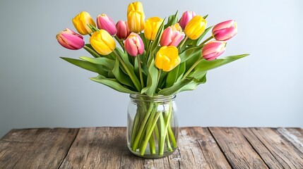 Vibrant Yellow and Pink Tulips in Glass Vase on Wooden Table