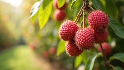 Obraz premium Ripe lychee fruits hanging on tree branches in orchard. Fresh lychees with blurred background. Sweet, juicy, organic fruit. Summer harvest season. Asian fruit, healthy eating, tropical food, farming.