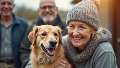 Senior volunteers with dog in local animal shelter. Elderly people petting golden retriever. Happy seniors interact, care for animals, promote well-being. Social community activity involving animal