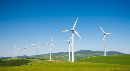 Fototapeta premium Wind turbines harnessing wind energy in a green field under a blue sky, generating renewable electricity for a sustainable environment