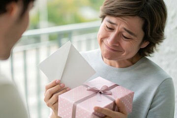 Person holding a pink polka dot gift box and a white envelope on a balcony, symbolizing celebration, gratitude, and human connection in a modern setting