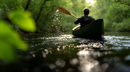 Fototapeta premium A tranquil paddle through the sunlit forest stream capturing the essence of nature's serenity