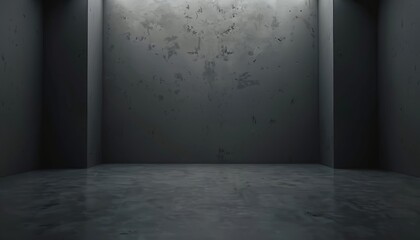 Abstract dark room with reflective floor textured walls. Empty interior space with moody lighting creating minimalist design. Dramatic grey monochrome tones. Suitable background for art studio.
