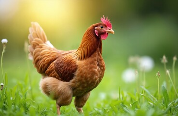 Healthy chicken stands in green grass garden. Domestic fowl, hen with red crest, beak, feathers outdoor. Farming, poultry farm concept. Sunny summer day. Fresh natural food source, eggs meat.