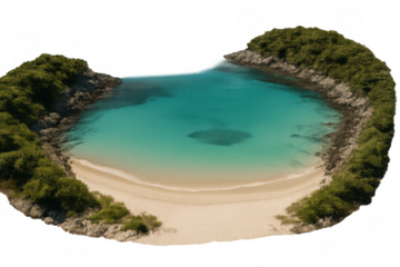 Breathtaking aerial view of a secluded lagoon with crystal-clear turquoise water, nestled amidst lush vegetation, creating a serene tropical paradise, on transparent background