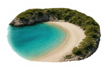 Tropical island featuring transparent background, turquoise waters lapping white sandy shores, representing idyllic destination for vacationing travelers