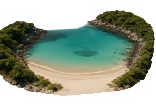 Breathtaking aerial view of a secluded lagoon with crystal-clear turquoise water, nestled amidst lush vegetation, creating a serene tropical paradise, on transparent background