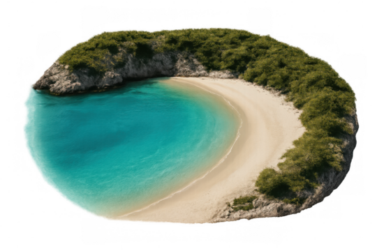 Tropical island featuring transparent background, turquoise waters lapping white sandy shores, representing idyllic destination for vacationing travelers