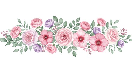 Watercolor floral bouquet with pink roses, red berries, and green leaves – hand-painted botanical illustration on white background.