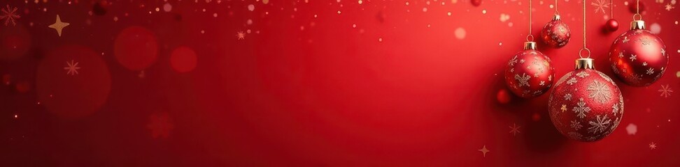 Festive red wallpaper background with hanging Christmas ornaments , red background, merry, red