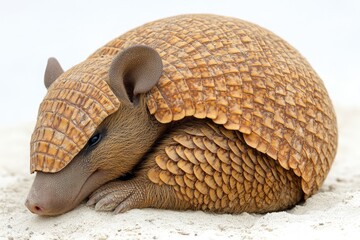 Close-up of a small armadillo curled up