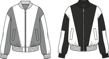 Bomber jacket front view design, cad drawing flat vector illustration, fashion technical sketch, men's outerwear design, stylish jacket template, color blocked jacket design