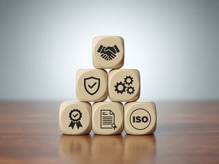 Conceptual arrangement of dice displaying icons for iso certification partnership quality assurance compliance and operational efficiency on a wooden surface