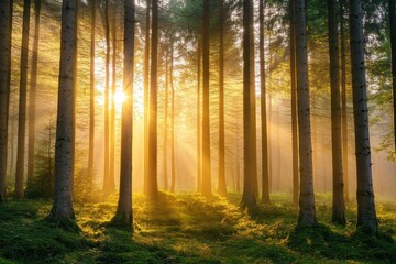 Naklejka premium Golden sunlight filters through tall trees in a tranquil forest, Tranquil forest scene with golden sunlight filtering through tall trees at dawn