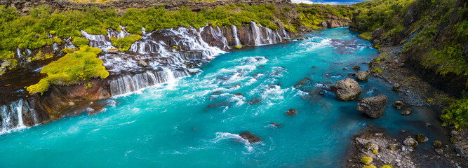 Aerial drone view of Barnafoss and Hraunfossars waterfall in west Iceland