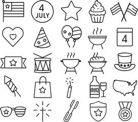 Fototapeta premium 4th of July Celebration Icons – USA Flag, Fireworks, Food, and Patriotic Symbols in Festive Vector Set