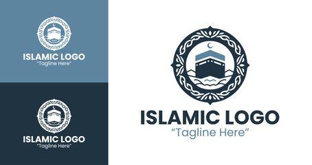 Creative Islamic Logo with Kaaba for Elegant Brand Identity and Modern Business Solutions in Light Blue and Dark Blue
