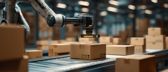 Robotic arm picking up a cardboard box in a warehouse on a conveyor belt system line