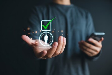 Person holding a smartphone and a glowing holographic interface showing a confirmed selection with a green checkmark and a target icon with a person inside