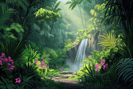 Lush green rainforest with vibrant flowers and cascading waterfall in a serene jungle landscape, Scenic jungle rainforest nature background Asian lush forest wilderness flora