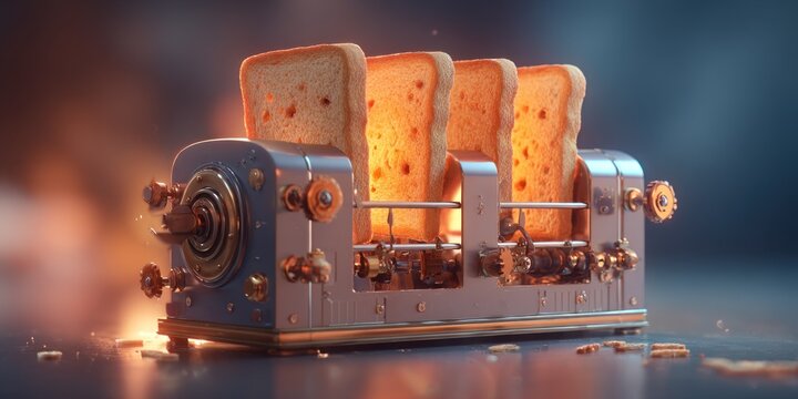 A steampunk toaster with four slices of toast glowing inside on a blurred background scene - Powered by Adobe