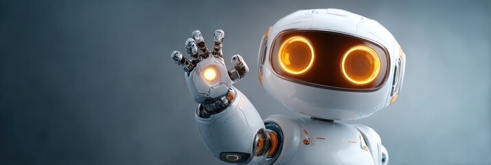 A white robot with glowing orange eyes and a hand raised in a friendly waving gesture