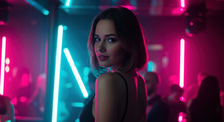 Woman with short hair looking back over her shoulder in a vibrant nightclub. A stylish and playful portrait with cyan and pink neon lights for fashion and party concepts