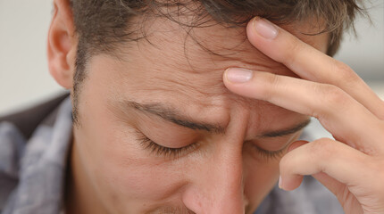 Fototapeta premium Man with furrowed brow showing signs of stress and anxiety while struggling with thoughts and emotions in a candid moment of mental strain and reflection
