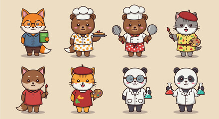 Fototapeta premium Cute Cartoon Animals in Various Professions