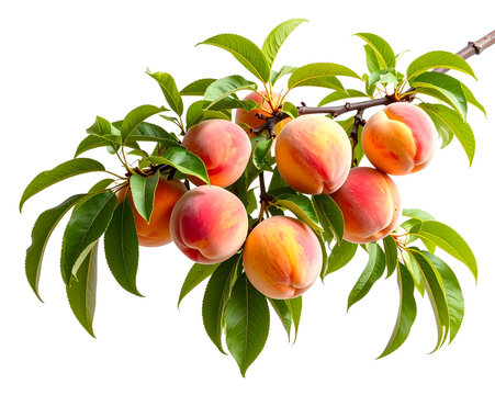 Cluster of Peaches on a Curved Branch with Subtle Shadows, artistic composition, isolated on transparent background