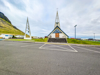 The Olafsvikurkirkja Lutheran church and bell tower in Olafsvik, Iceland
