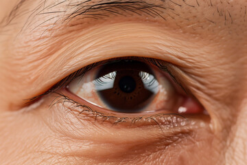 Fototapeta premium This is a striking close-up of a brown human eye. It shows detailed iris patterns, visible blood vessels and the surrounding skin texture. The image captures light reflection and depth perception.