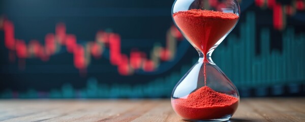 Hourglass with red sand against financial market graph. Concept of investment failure time management urgency. Deadline, risk, volatility in stock market. Economic planning.
