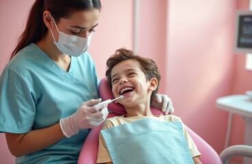 Dentist shows happy boy beautiful smile, after teeth checkup. Pediatric dental care. Young patient dental visit. Health care, dentistry, orthodontics.