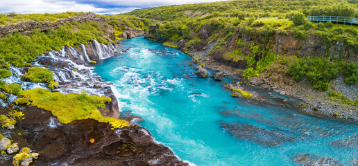 Aerial drone view of Barnafoss and Hraunfossars waterfall in west Iceland