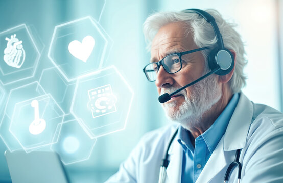 Elderly doctor wearing headset, glasses consults with patient online via video conference. Telemedicine, healthcare concept. Modern tech, digital health, virtual meeting, remote patient care.
