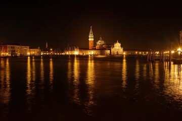 Obraz premium Romantic night timelapse over Venice showcasing reflections in the water of Piazza San Marco, Night timelapse of Venice with Piazza San Marco