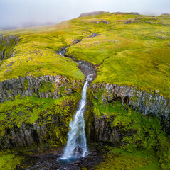 Aerial shots of Grundarfoss Waterfall, on Snaefellness peninsula, Iceland