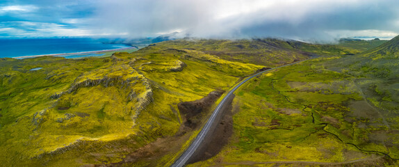Aerial view of scenic road in Snæfellsjökull National Park, Snaefellsnes peninsula, Iceland