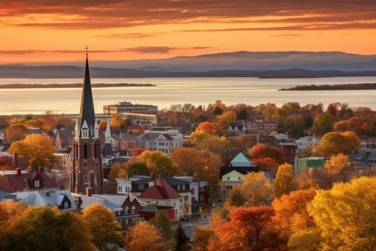 Stunning sunset illuminating the vibrant fall foliage of riviere du loup, quebec, with the saint patrice church adding to the scenic beauty