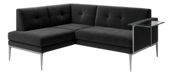 Corner sofa with a glass-top side table attachment, perfect for a commercial reception area.