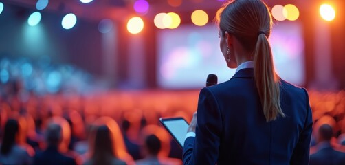 Back view businesswoman speaker at conference with audience. Keynote presenter speaking at seminar using tablet, microphone. Woman in suit on stage giving speech. Event meeting.