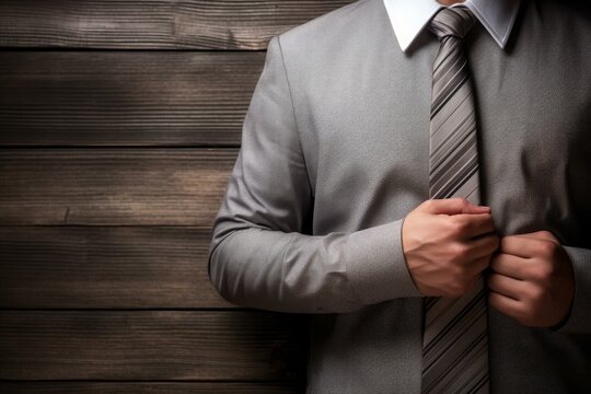 Businessman adjusting his tie while standing in front of a wooden background - Powered by Adobe