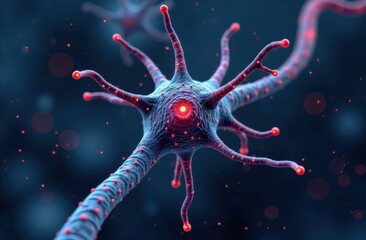 Detailed 3D illustration of a neuron with intricate dendrites and axon, showcasing vibrant colors and glowing synapses, representing neural connections and brain activity