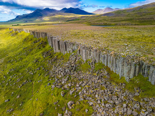 Areal view of Gerduberg basalt column cliffs, Snæfellsnes Peninsula, Iceland