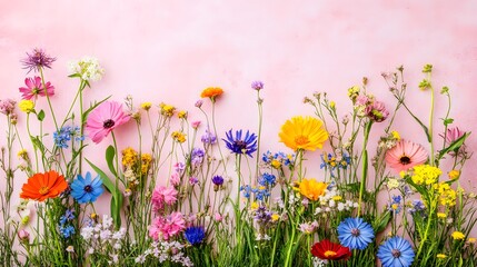 Vibrant Wildflower Meadow Pink Background Floral Spring Summer Nature