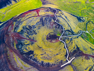 Aerial drone view of the Grabrok Volcano crater in Iceland
