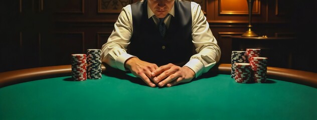 Poker Player - Intense Focus at the Table, A man in a suit and tie sits at a green poker table, surrounded by stacks of poker chips.